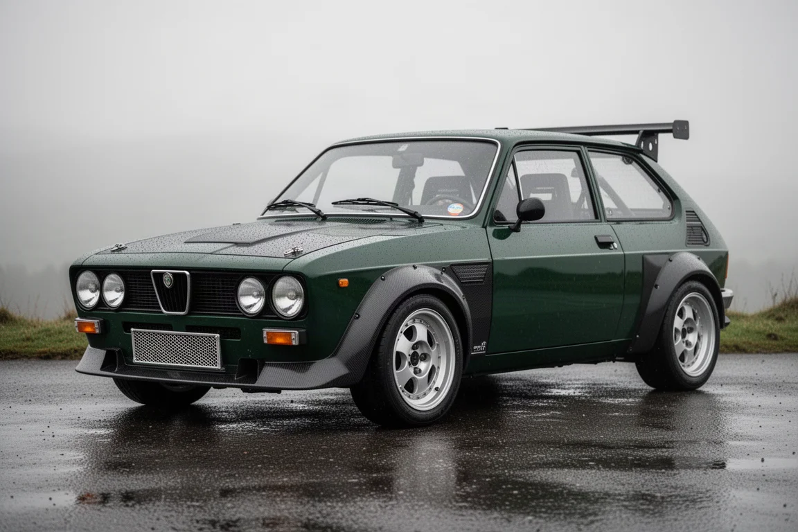 Dark green Lancia Delta-style rally restomod on wet tarmac at three-quarter angle