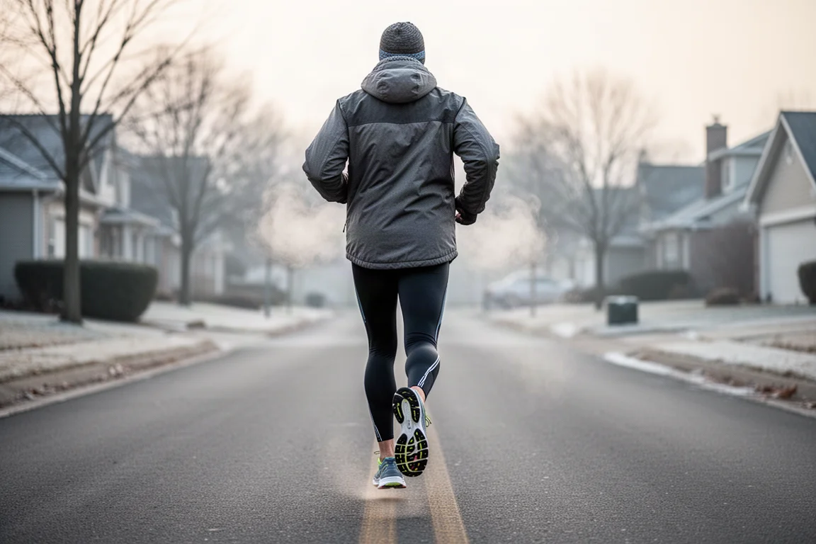 Un runner che esce per una corsa su strada in una fredda mattina d'inverno con daily trainer dalla suola alta