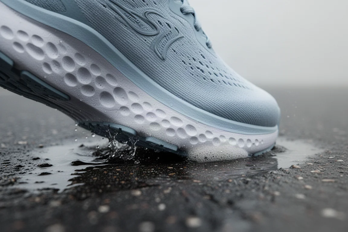 Primo piano di una schiuma del midsole alta e morbida che si comprime sotto pressione sull'asfalto