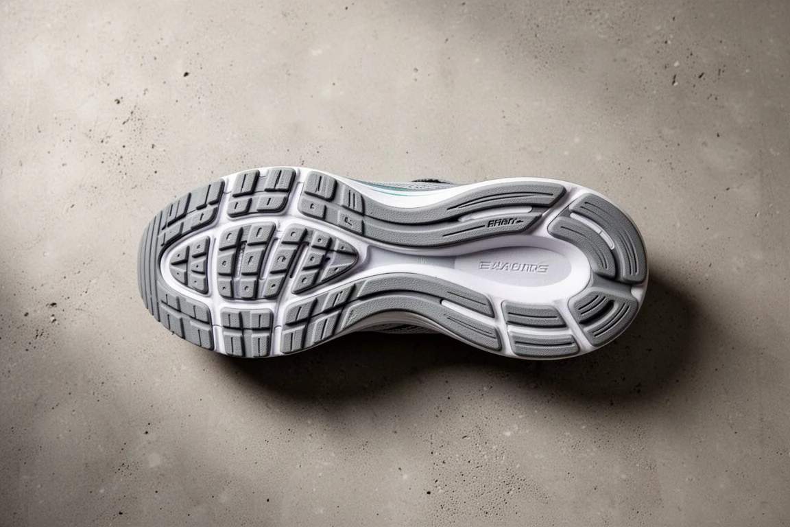 Suola esterna di una scarpa da running in stile ASICS con copertura in gomma antiscivolo su una superficie liscia