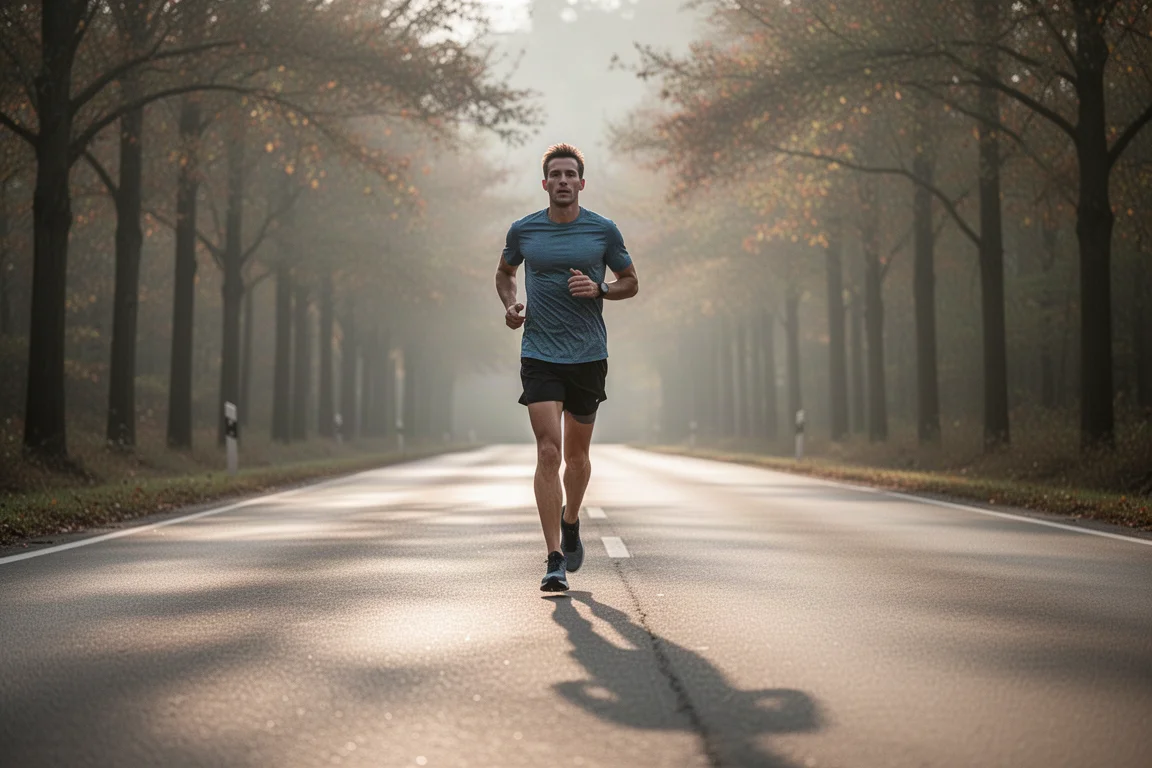 Un runner che si inserisce in una lunga corsa facile su strade aperte nella luce soffusa della sera