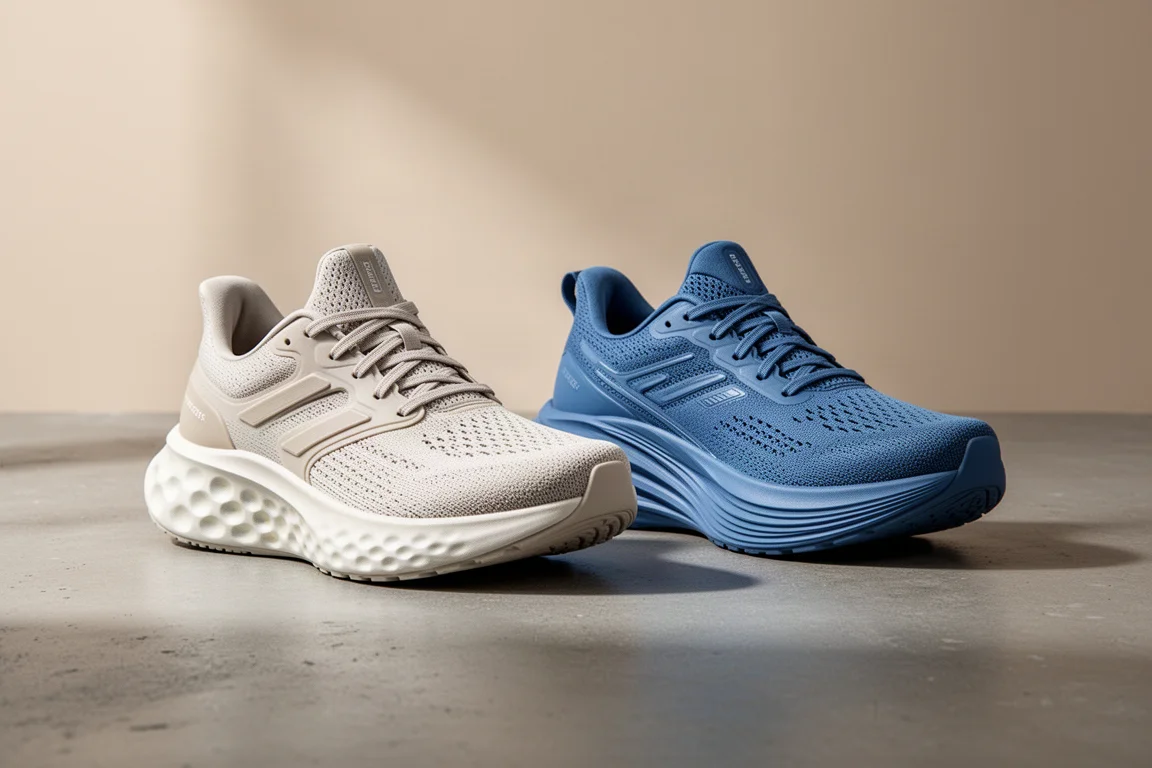Two tall-stack daily trainer running shoes side by side on concrete