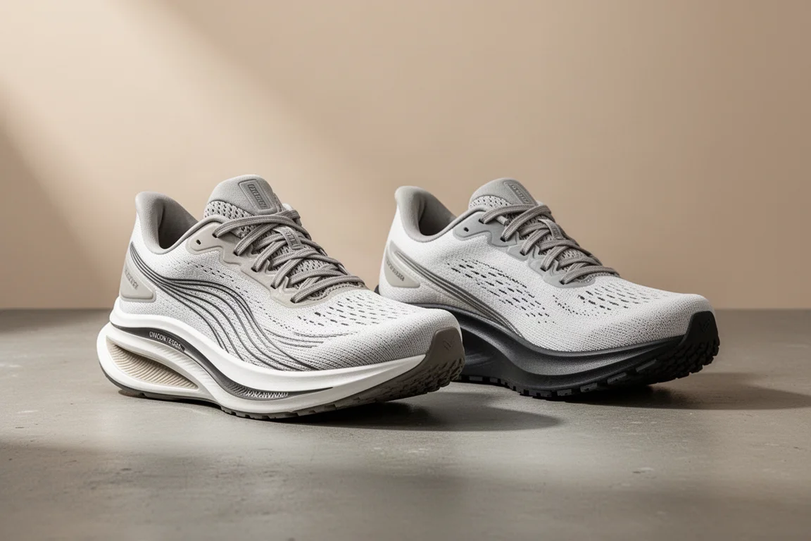 Two performance running shoes side by side on a concrete surface
