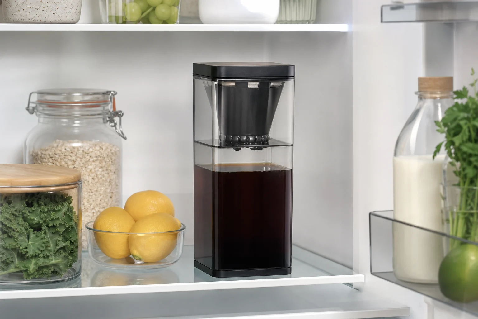 Square cold brew maker on a refrigerator shelf with other items
