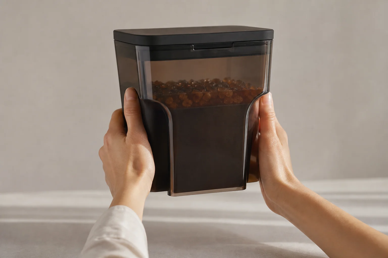 Hands holding the cold brew maker demonstrating the grip indentations
