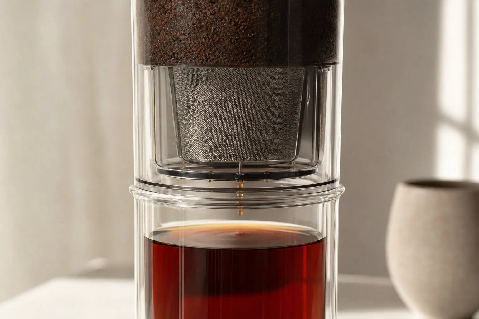 Fine mesh strainer inside the cold brew maker with clear liquid below