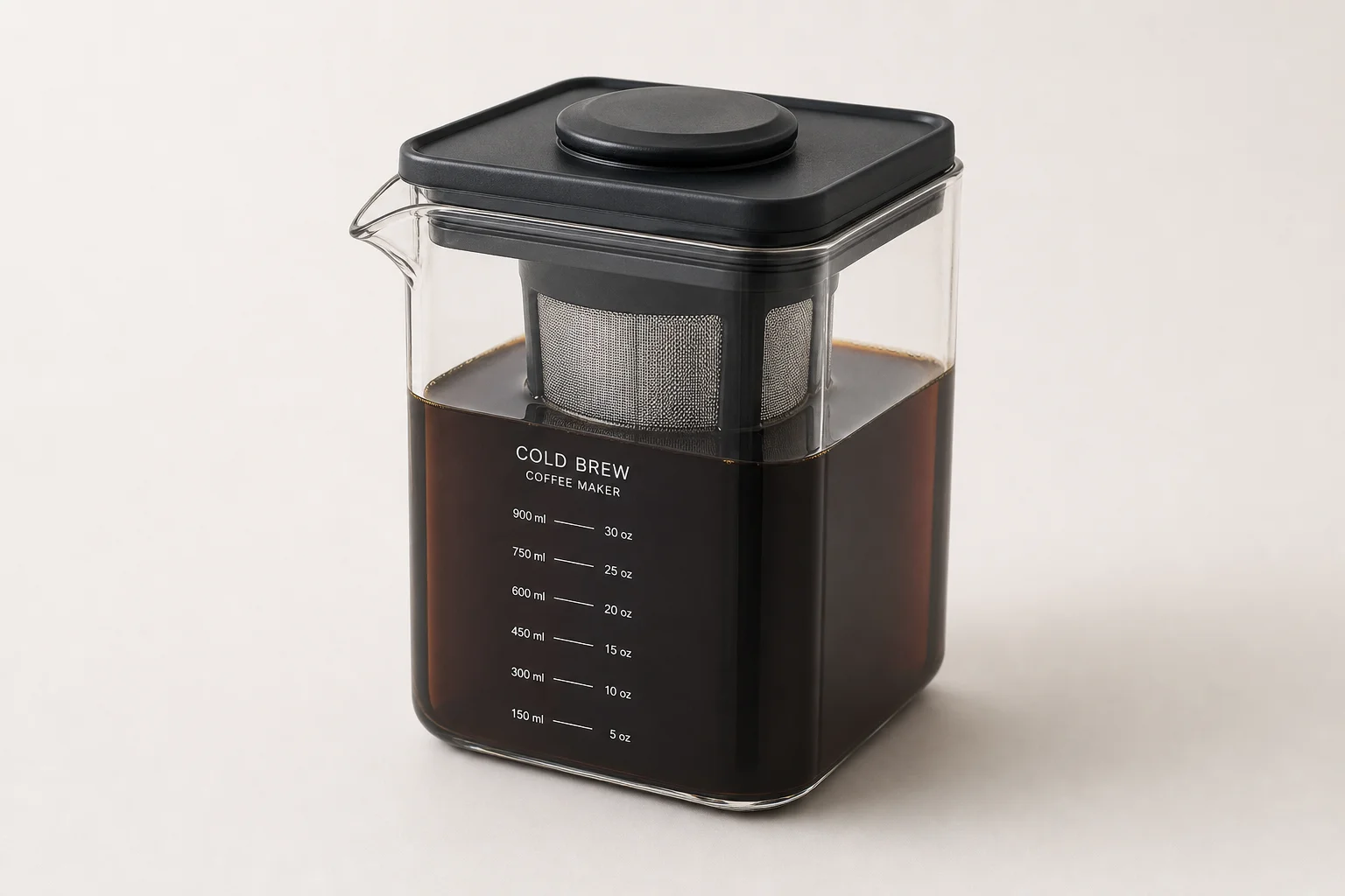 Mavo Cold Brew Coffee Maker with visible mesh strainer and measurement markings