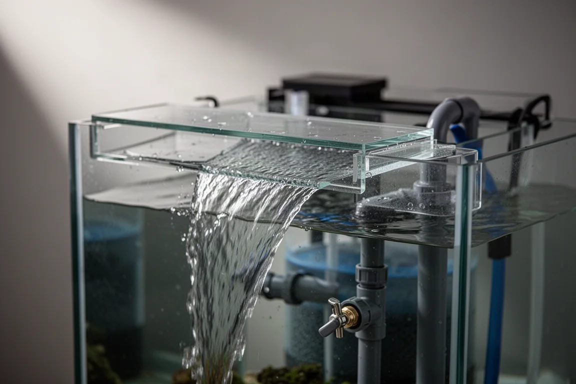Primer plano de una caja de rebosadero de acuario con una placa de vertedero extraíble y agua fluyendo por el borde