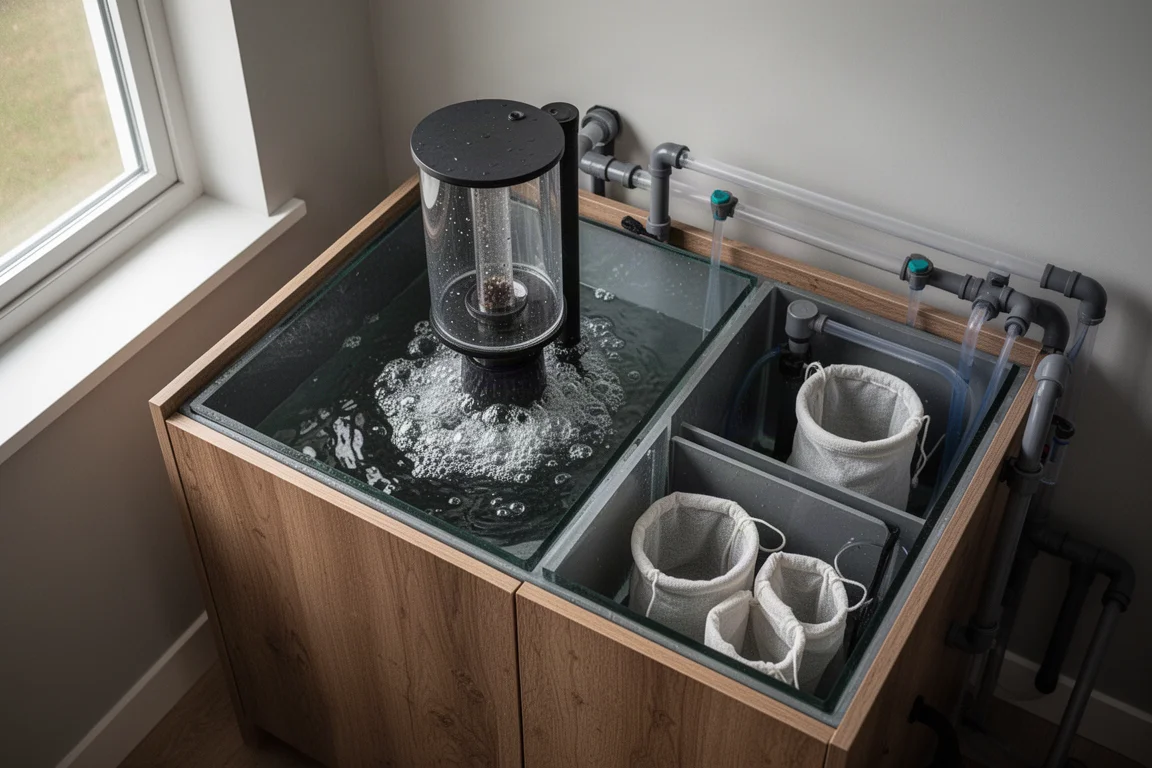 Vista superior de un sump de acuario abierto con un skimmer de proteínas en funcionamiento y calcetines filtrantes