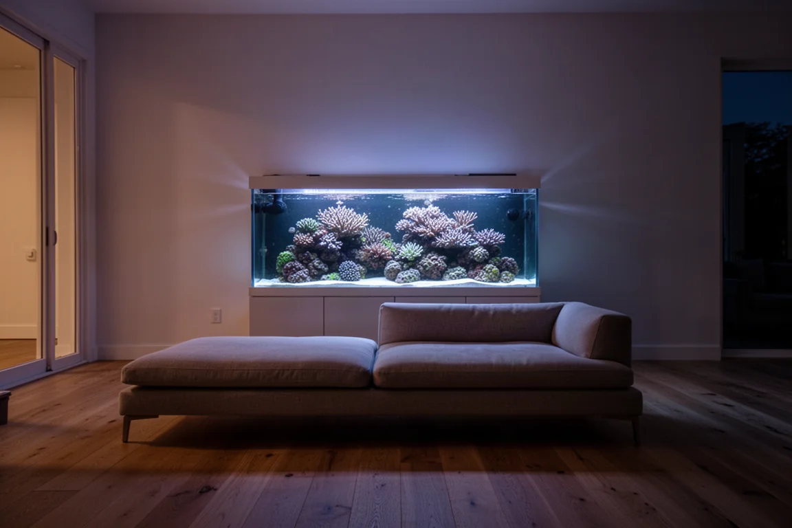 Sala de estar en penumbra al atardecer con un acuario de arrecife iluminado que proyecta un resplandor blanco azulado sobre el suelo