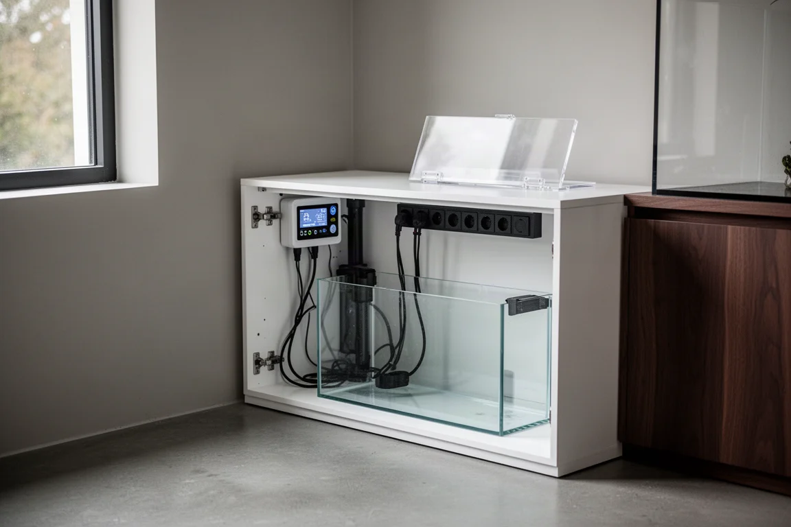Mueble de sump de acuario ordenado con cables canalizados, un panel de control y una tapa para los puertos
