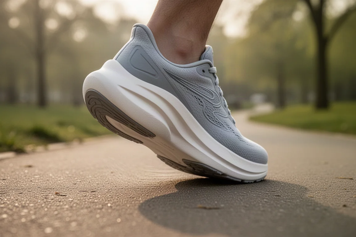 Primo piano di un'intersuola flessibile e morbida di una scarpa da running che si piega su un sentiero nel parco