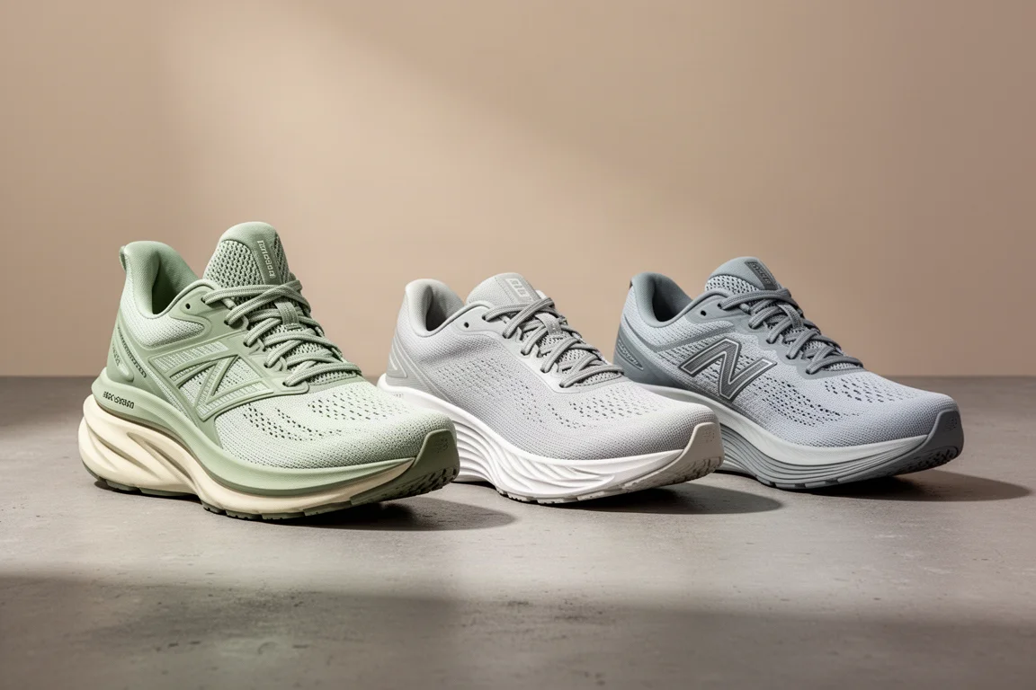 Three max cushion running shoes side by side on a concrete surface