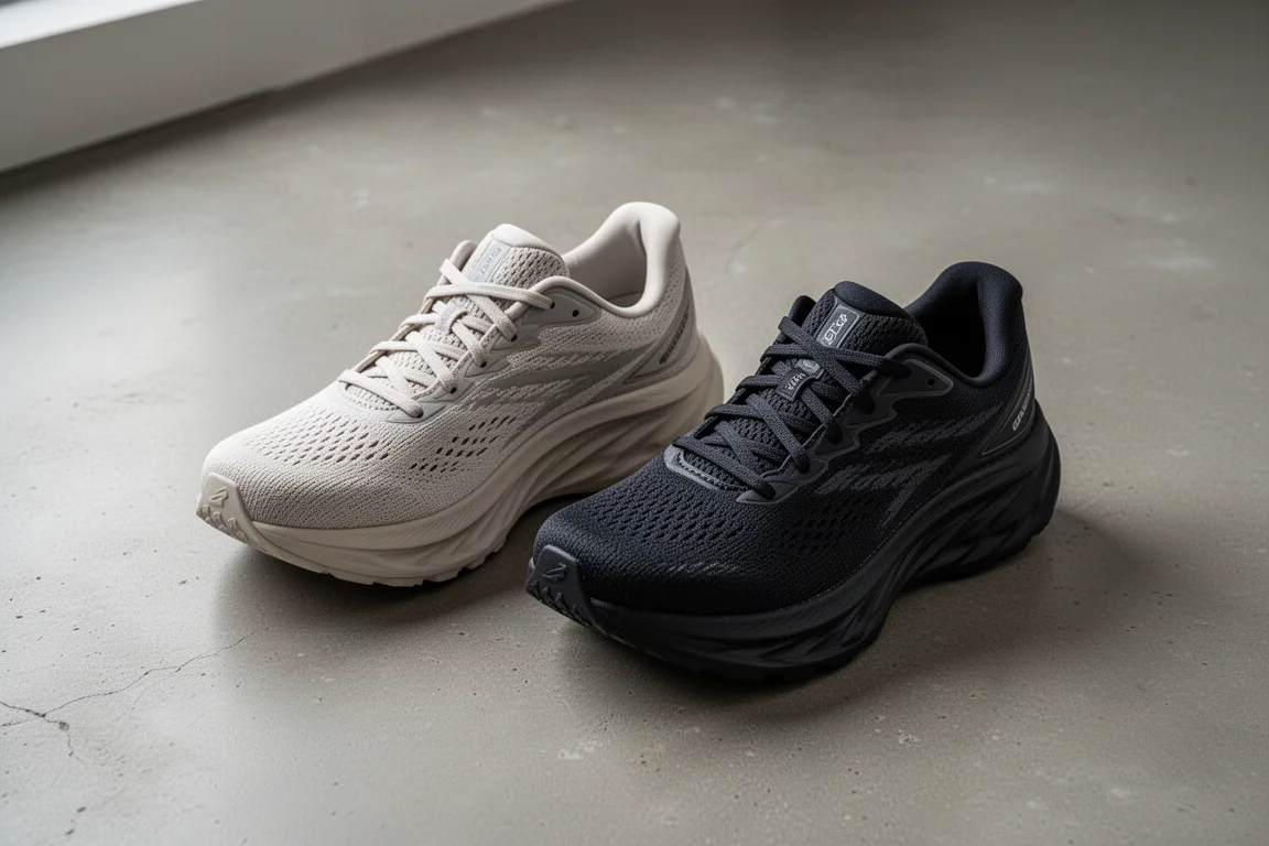 Zwei Laufschuhe mit dicker Sohle nebeneinander auf Beton