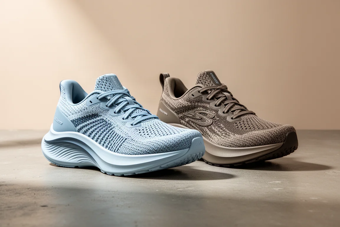 Two max-cushion running shoes side by side on a concrete surface