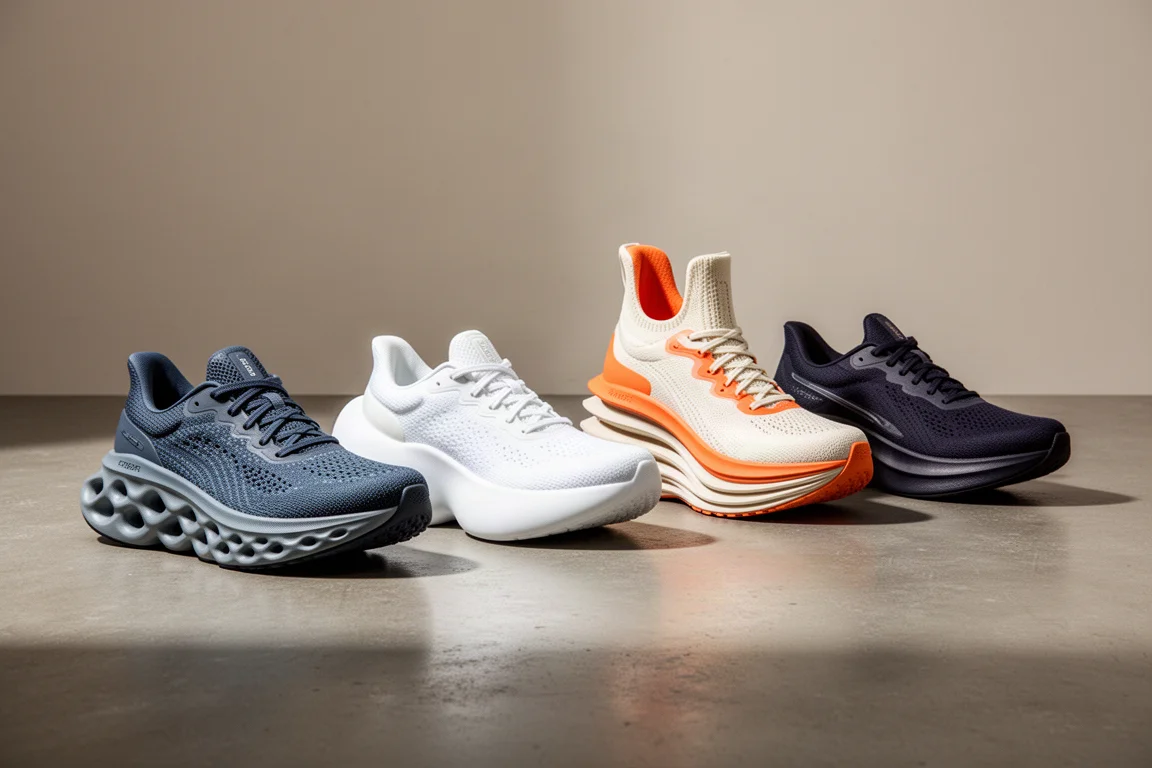 Four max cushion running shoes lined up on a concrete studio floor