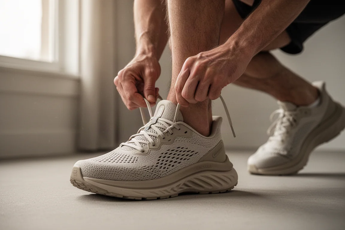 Runner lacing up a thick-soled running shoe before an easy morning run