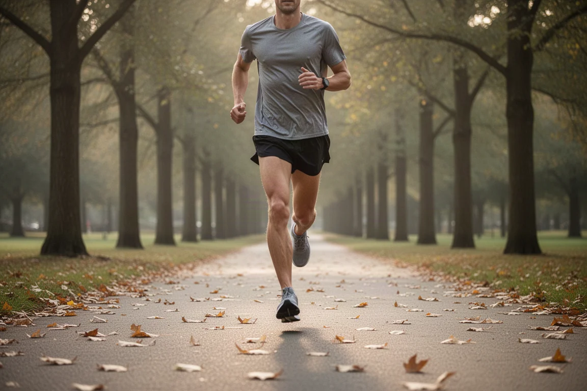 Runner on a long easy-distance run through an autumn park