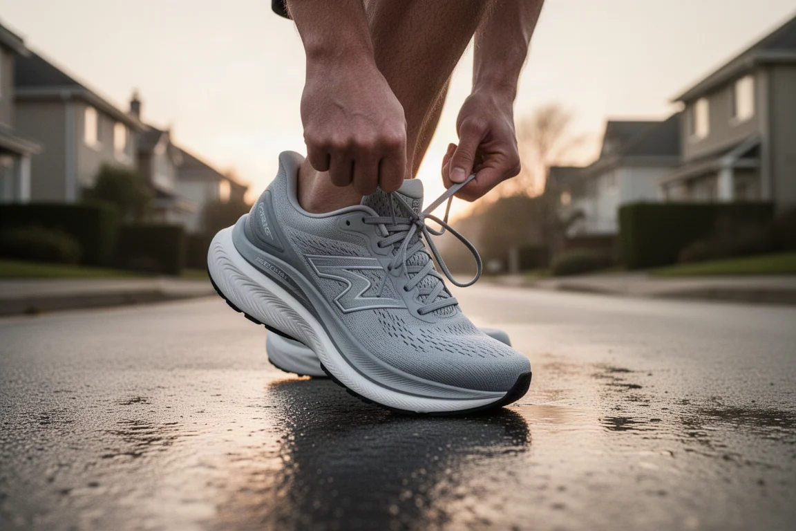 Läufer schnürt einen hoch gedämpften Laufschuh auf einer ruhigen Straße