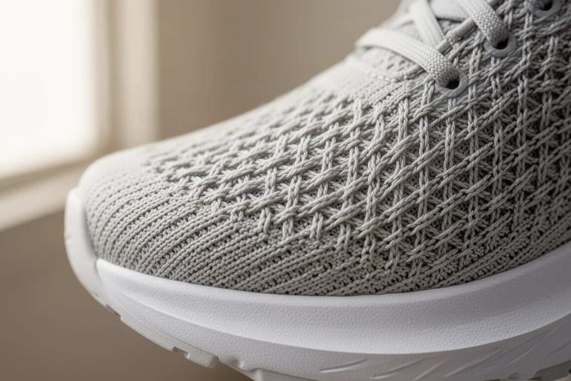 Nahaufnahme eines dünnen gewebten Laufschuh-Obermaterials