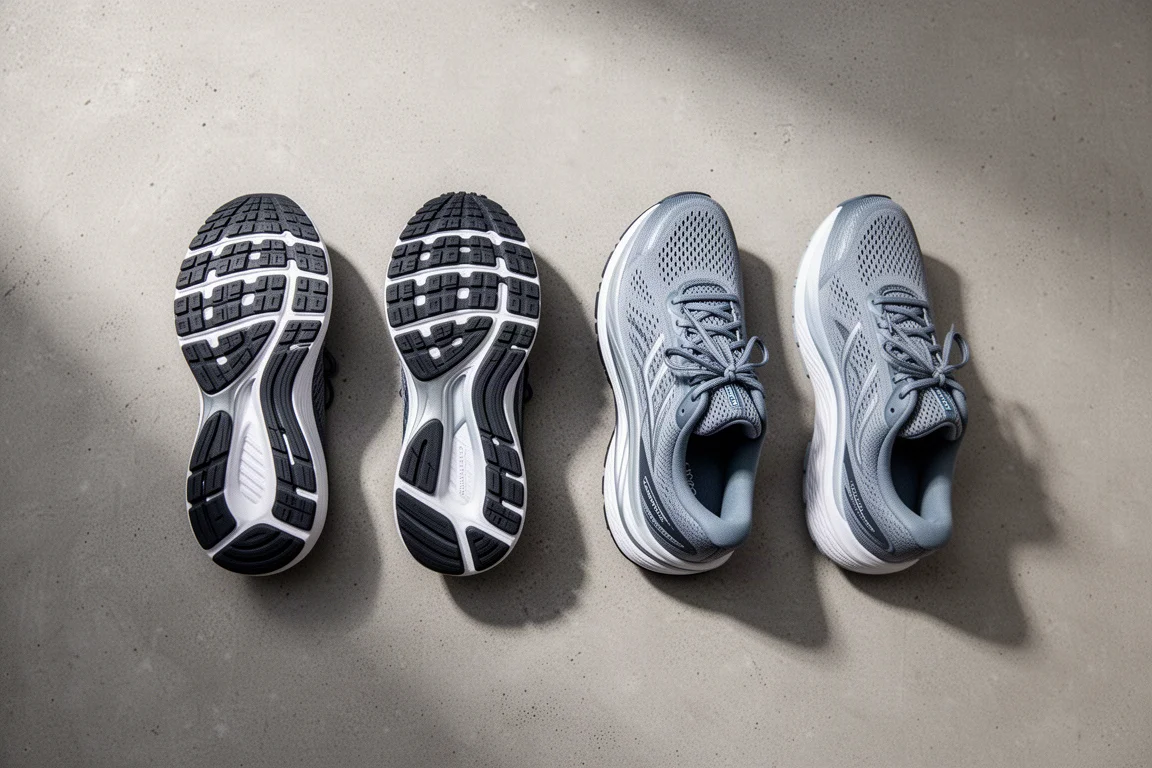 Laufschuhe von oben in der Draufsicht auf Beton aufgereiht