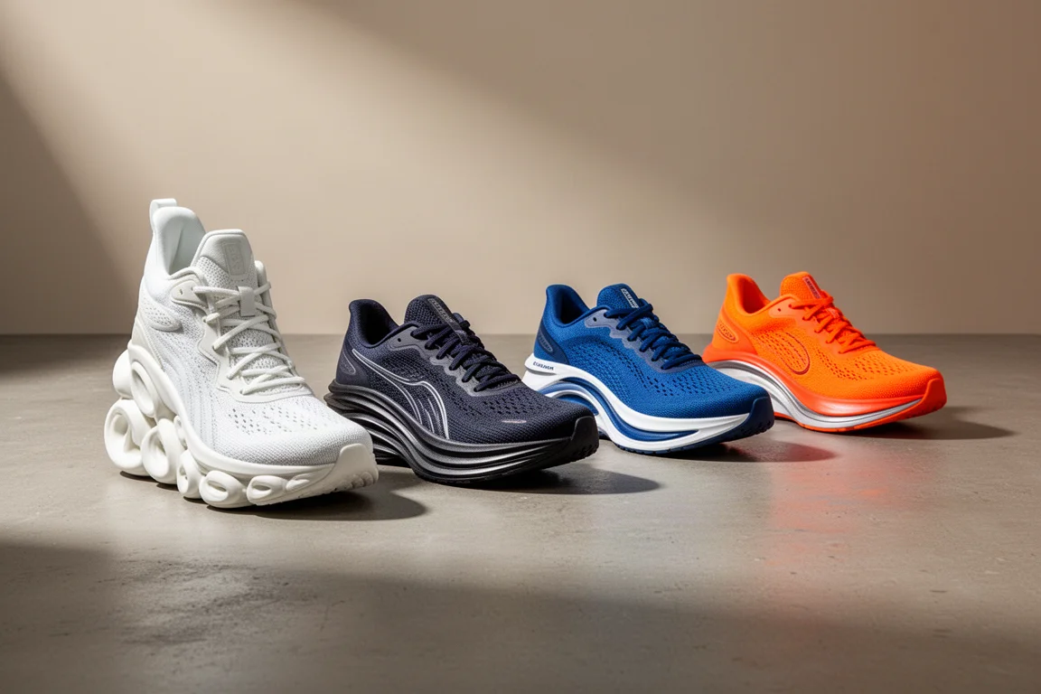 Four max cushion running shoes lined up on a concrete surface