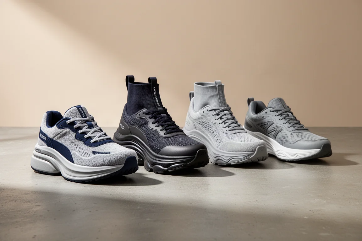 Four max cushion running shoes arranged in a row on a concrete surface