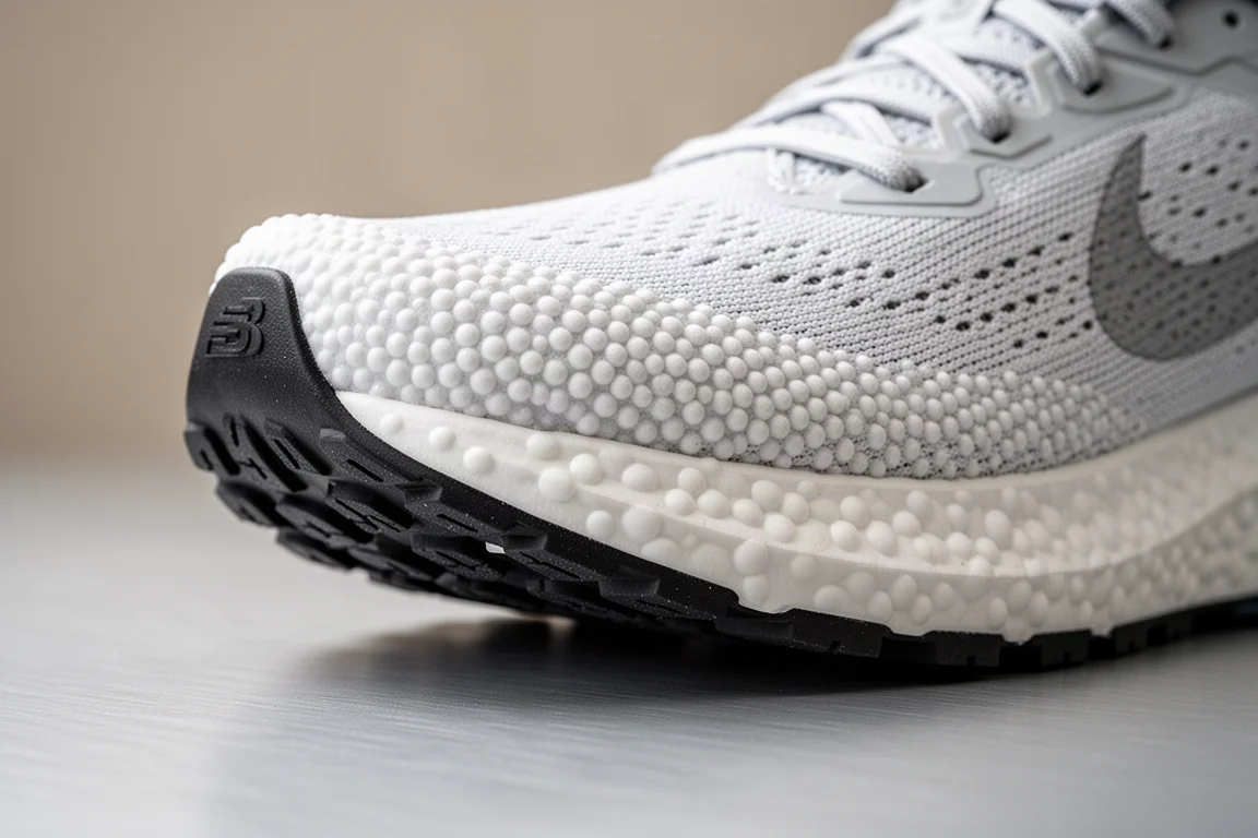 Detaljerad vy av den pärlade TPU-texturen på en löparskos mellansula
