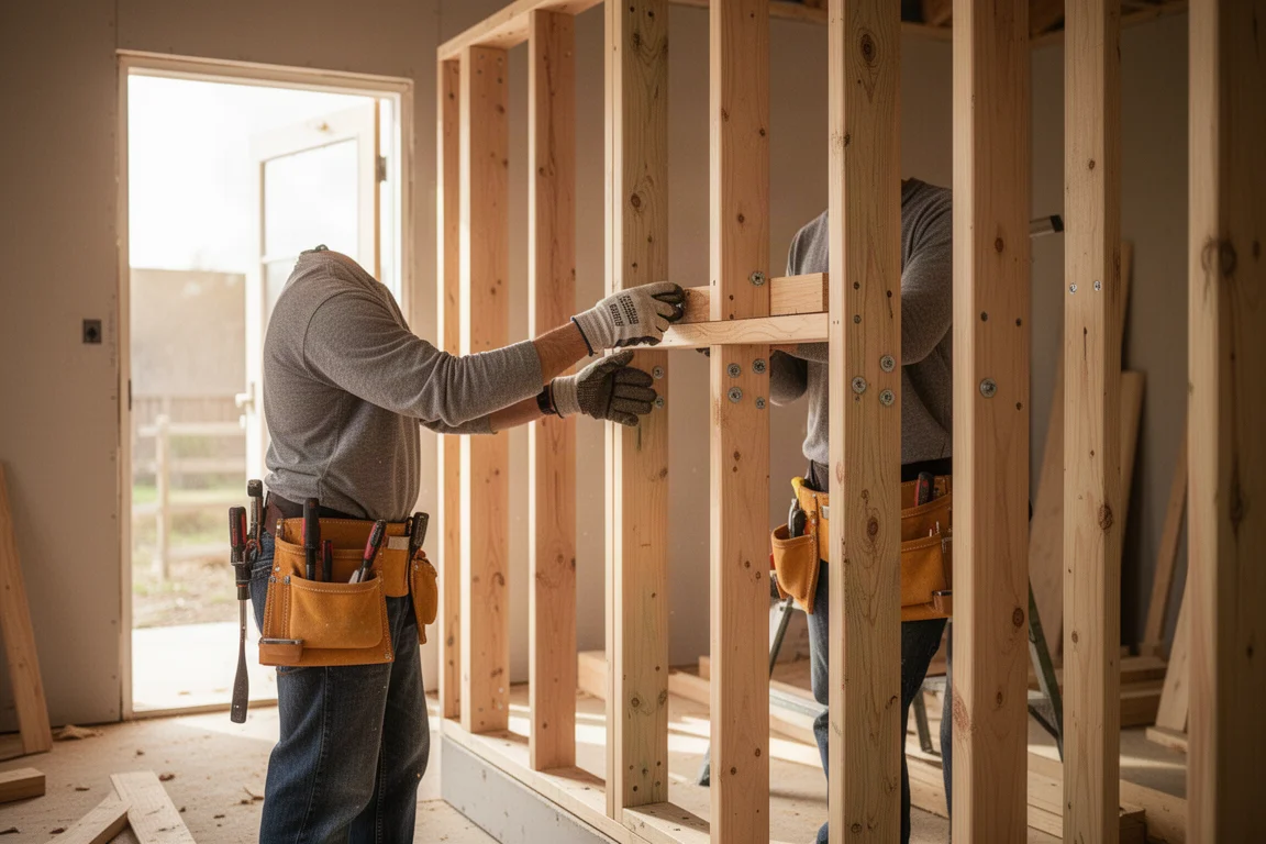 Carpenter framing a wall on a construction site