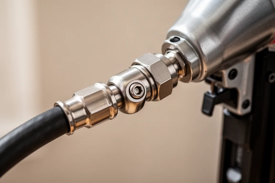 Close-up of an air hose swivel fitting on a nailer