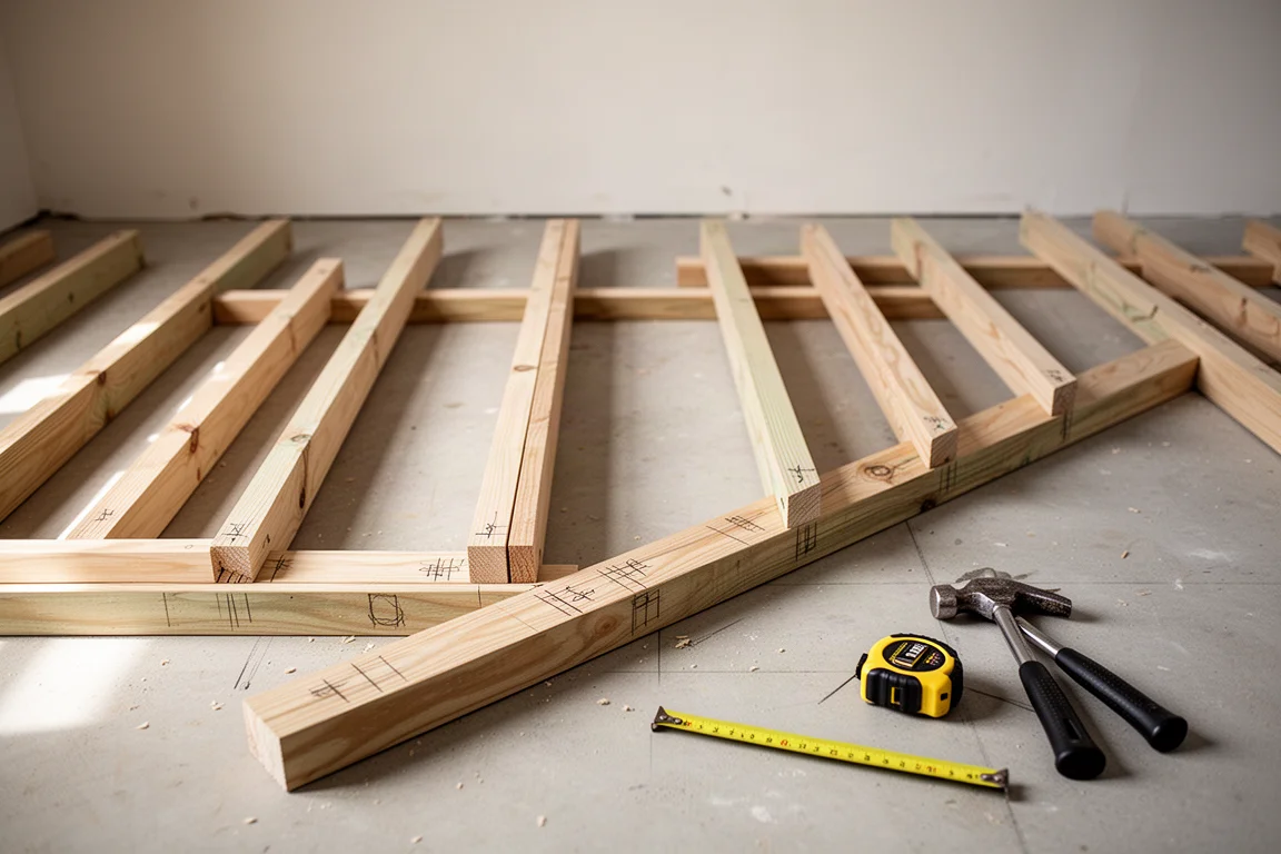 Stud wall framing layout marked on a concrete floor