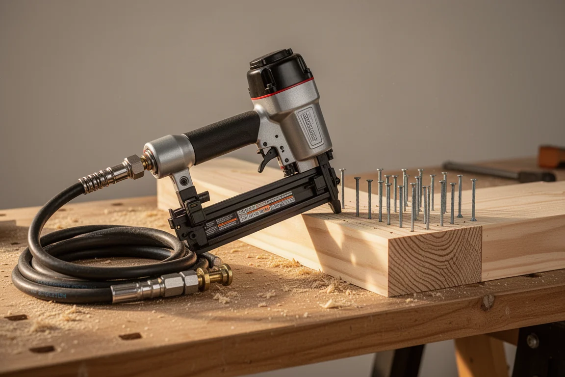 Pneumatic nailer resting on a workbench beside an air compressor hose