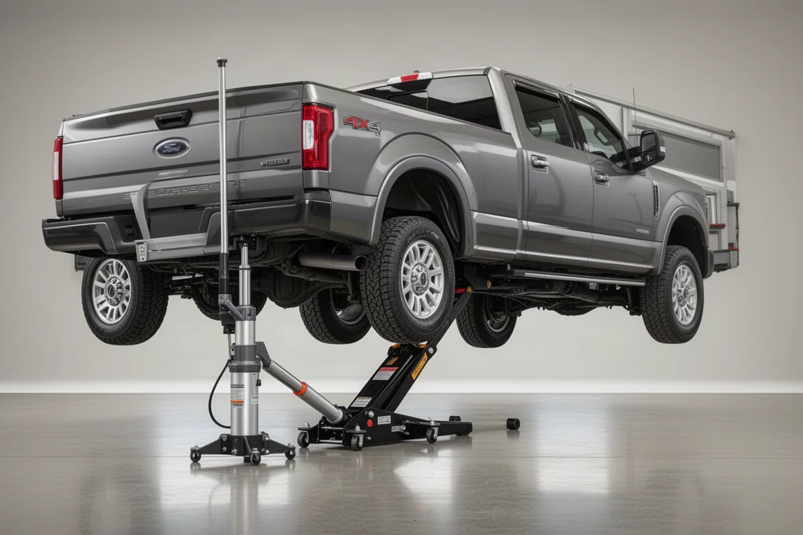 Le cric pneumatique soulève l'arrière d'un gros pickup dans un atelier