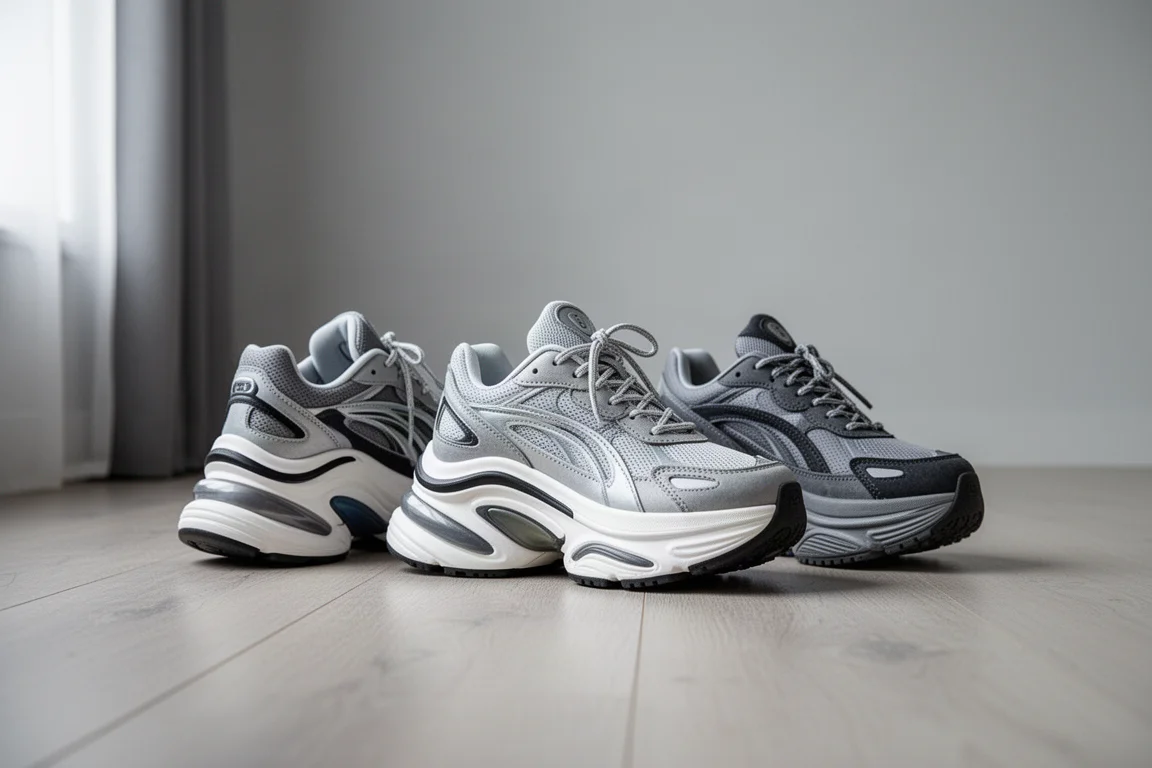 Three tall-stack running shoes standing side by side on a wooden floor