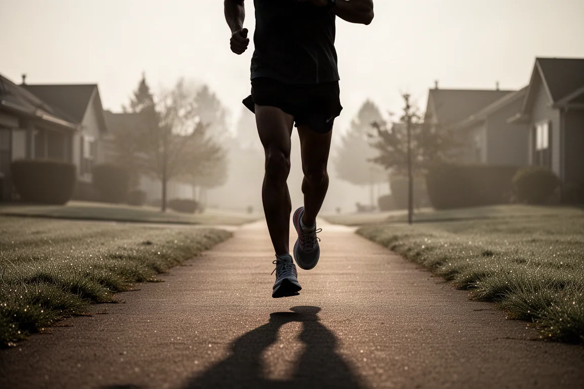 Runner warming up on a quiet paved path in soft morning light