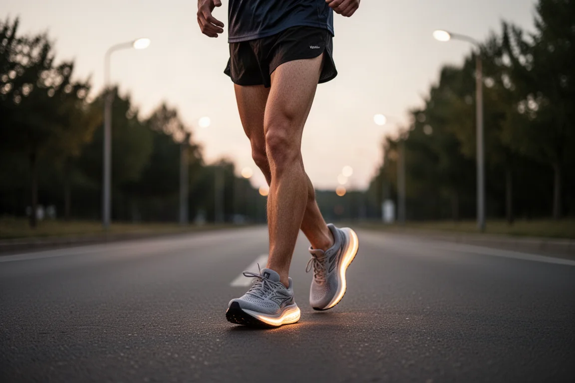 Runner cooling down on a road at dusk wearing cushioned running shoes