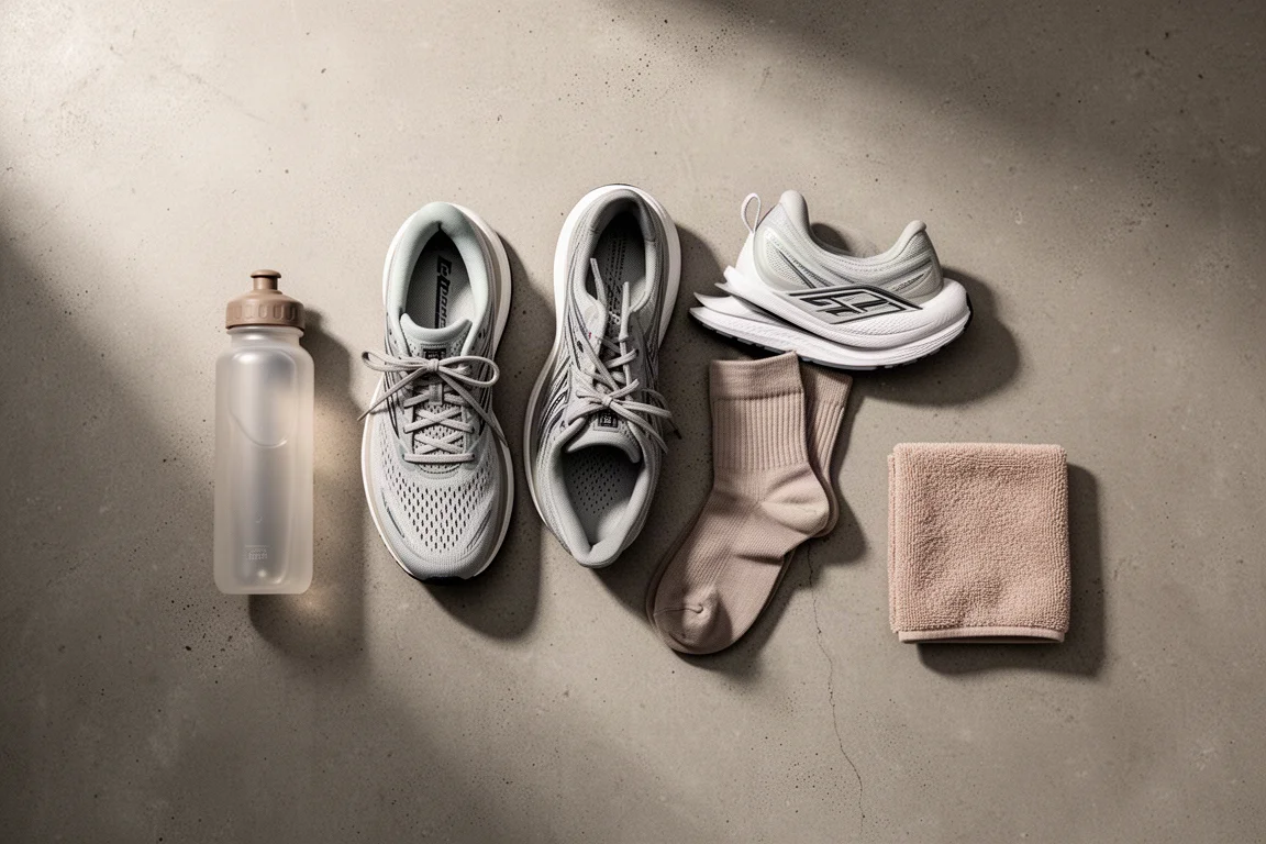 Overhead flat-lay of running shoes and recovery gear on a concrete surface
