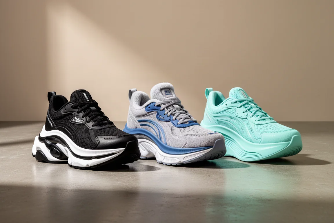 Three tall-stack running shoes side by side on a concrete floor