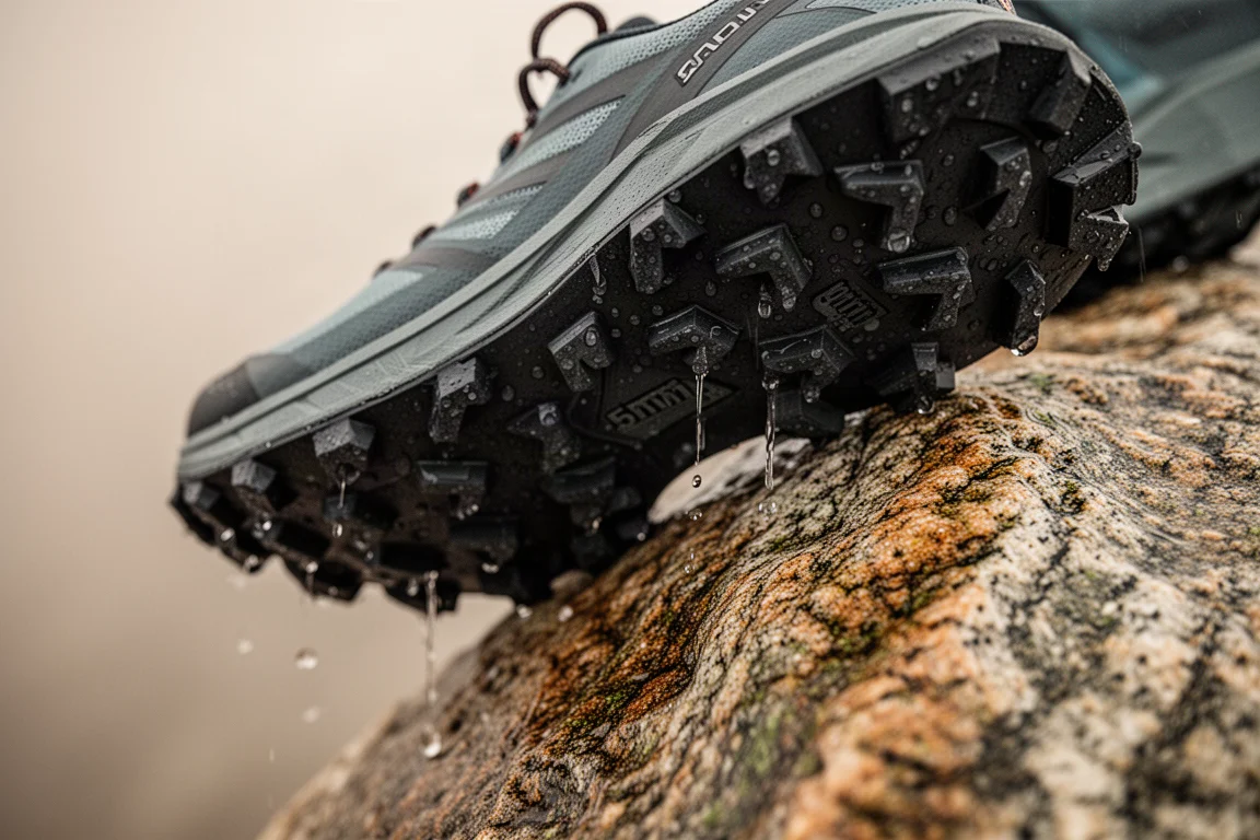 Primer plano de la suela de una zapatilla de trail con tacones profundos sobre roca mojada