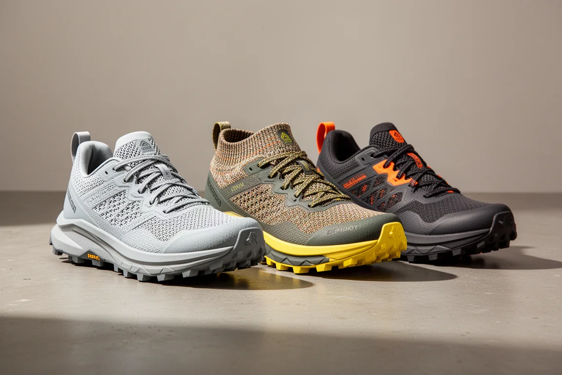 Three max-stack trail running shoes side by side on a concrete surface