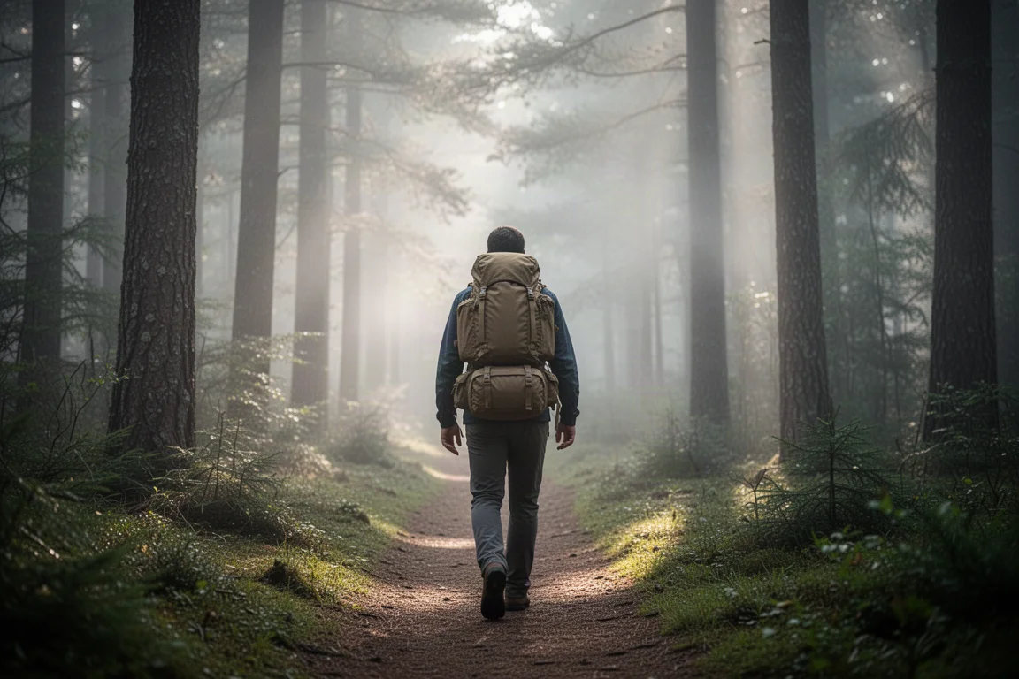 Hiker seen from behind on a forest trail wearing a compact pack high on the back with a lumbar pack below