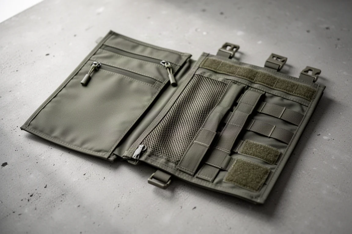 Overhead view of open backpack pockets showing a mesh sleeve, fabric dividers and webbing rows