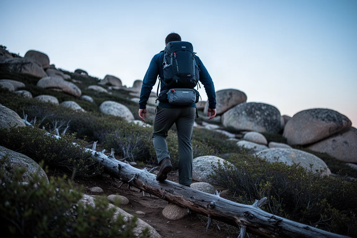 Hiker stepping over a fallen log on rocky off-trail terrain at dusk with a high-riding pack