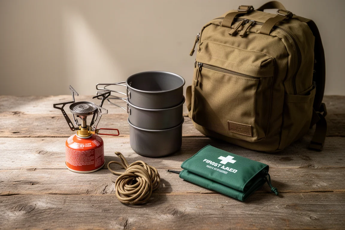 Day hike cooking gear laid out on weathered wood beside a compact khaki backpack