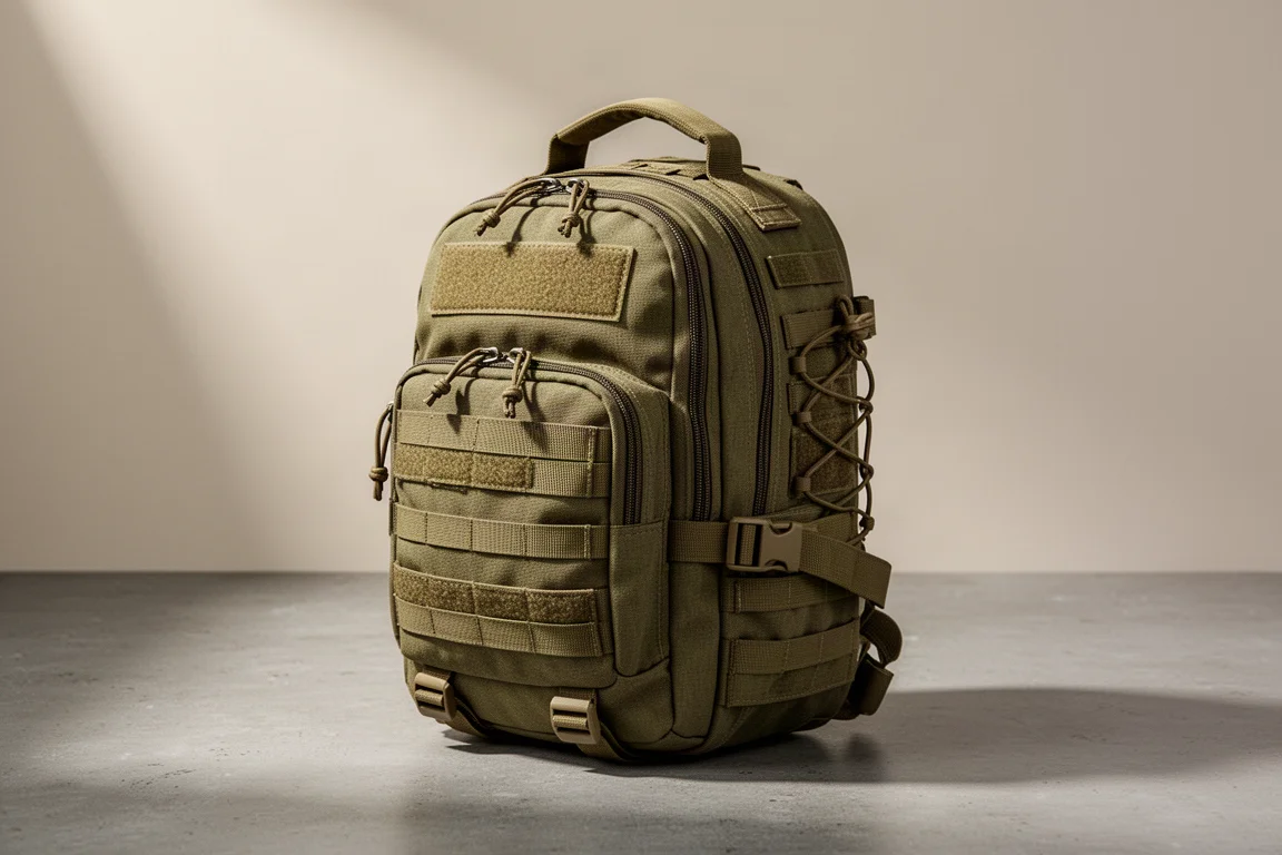 Khaki foliage compact tactical backpack standing on a concrete surface in soft studio light