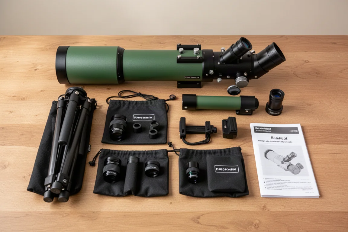 Telescope and its labeled accessories laid out in a briefcase-style carrying case