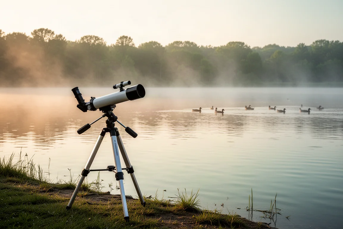 Birdwatcher looking through a telescope mounted on a tripod near open water