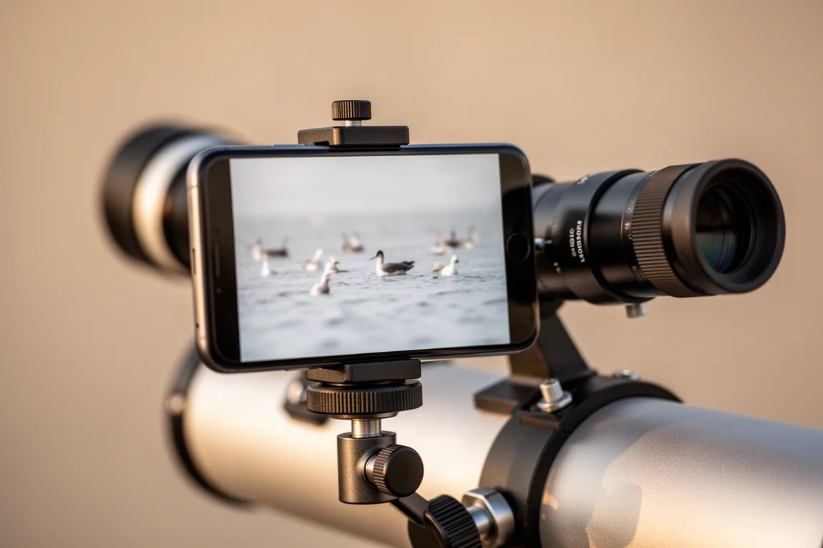 Smartphone mounted on a telescope eyepiece to capture distant birds