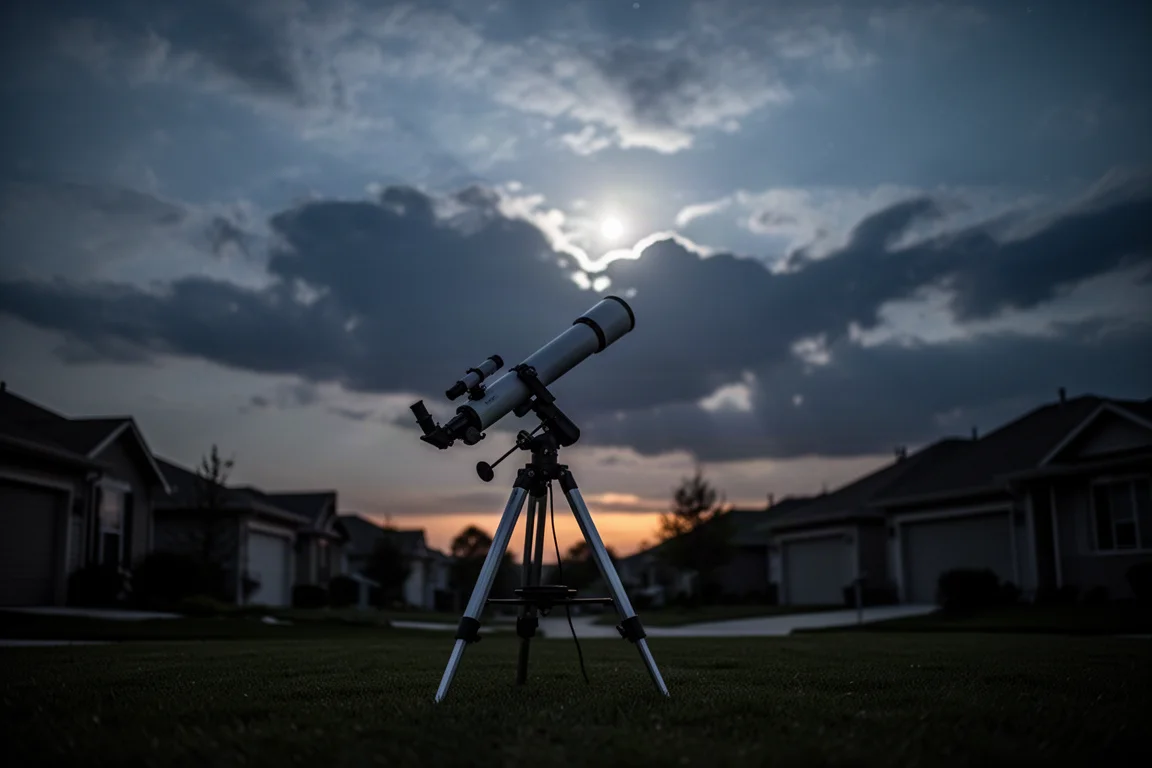 Telescope pointed at a partly cloudy night sky with the moon visible