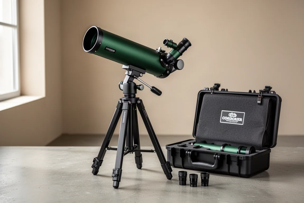Maxitab Casa Green MC80 telescope on a tripod with its open carrying case nearby